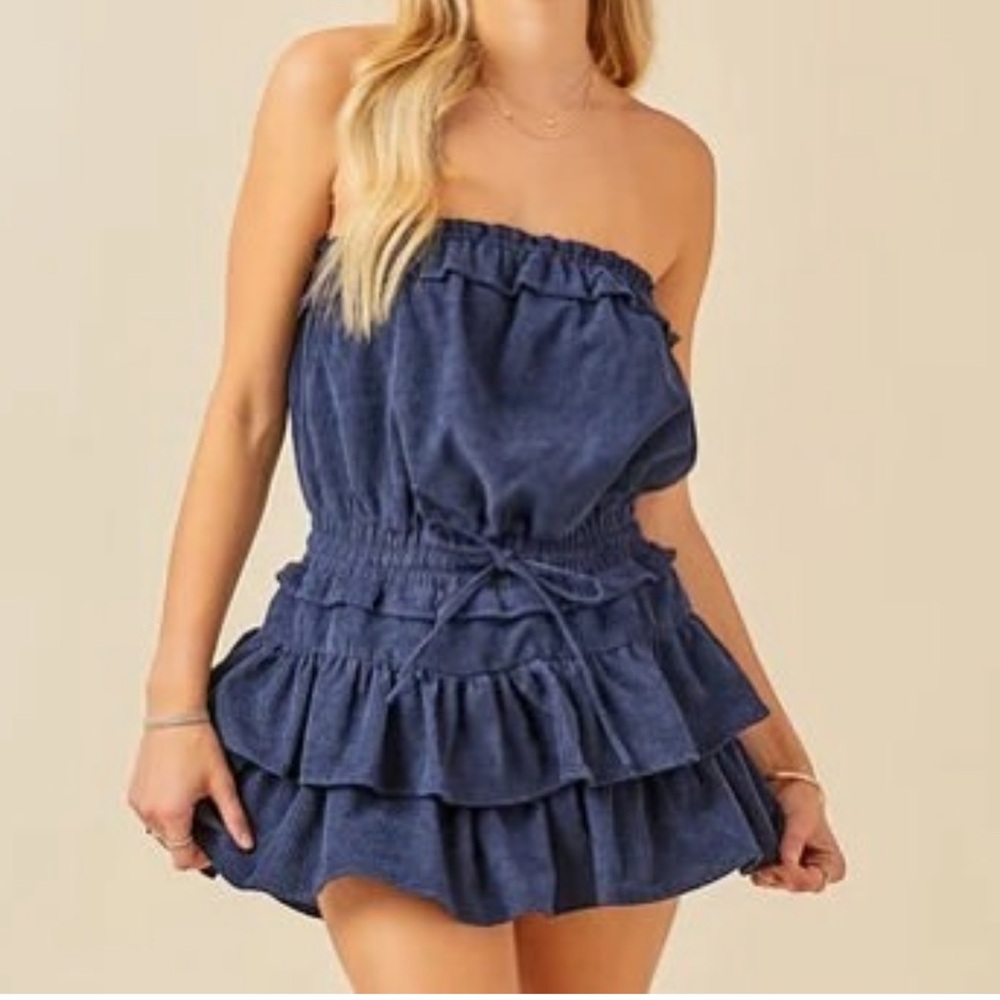 Blue Strapless Ruffle Dress